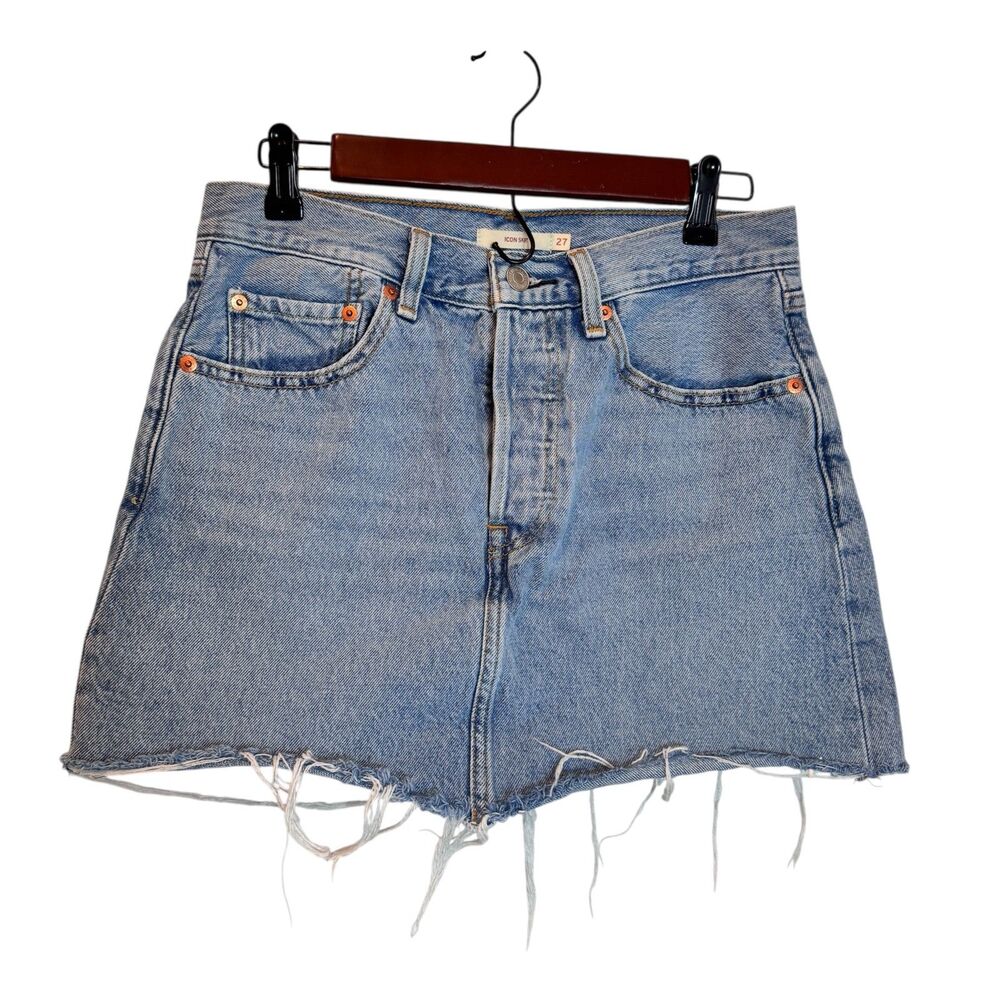 Levi's Icon Denim Mini Skirt Woven Minutes Sz 27 Button Fly - Picture 2 of 9